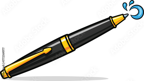 Black Fountain Pen With Gold Accents And Blue Ink Splatter Isolated On White