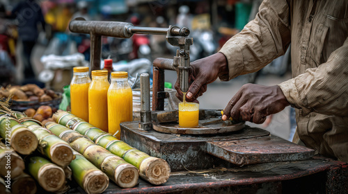 Hands preparing fresh sugarcane juice with bottles and cups at Cambodian market, showing local craftsmanship and tropical lifestyle concept