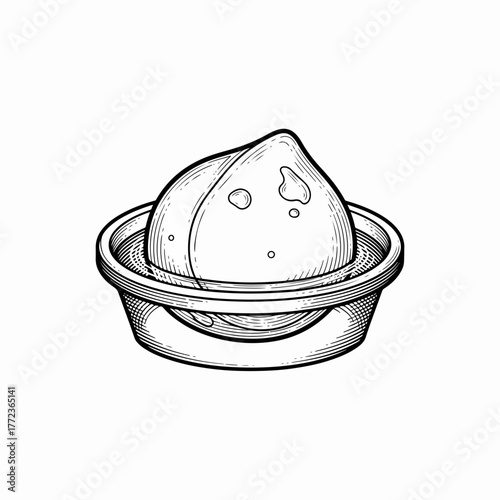 Hand-drawn sketch of mozzarella cheese in brine. Vintage engraving style line art icon. Italian food ingredient isolated on white background