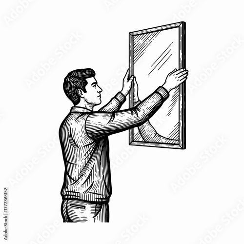 Man adjusting a wall mirror. Classic engraving style line art sketch. Home improvement and interior decoration concept