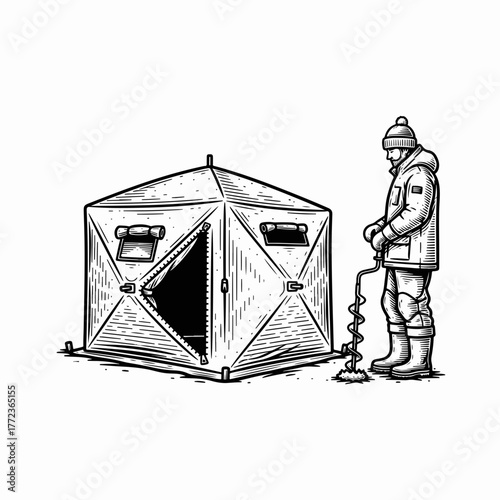Man by an ice fishing tent with an auger. Black and white line art drawing. Winter sport and outdoor hobby concept graphic.