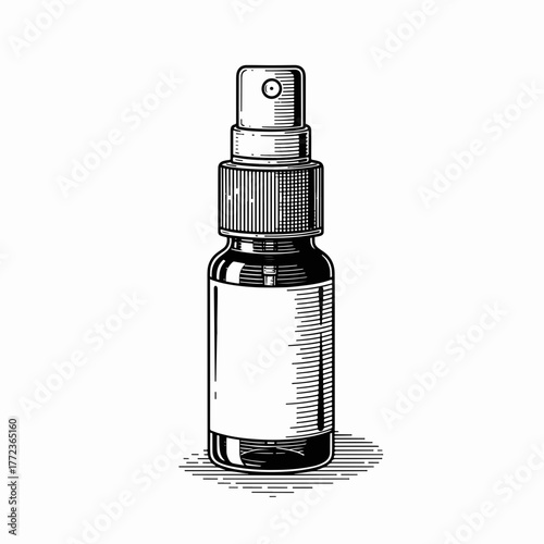 Vintage spray bottle line art. Engraving style drawing of a cosmetic or medical container with a blank label. Isolated product mockup on a white background