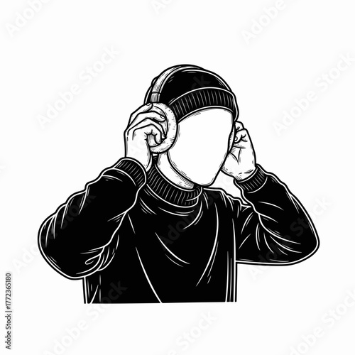 A faceless person adjusting headphones. Black and white line art drawing. Anonymous music listener character isolated on a white background