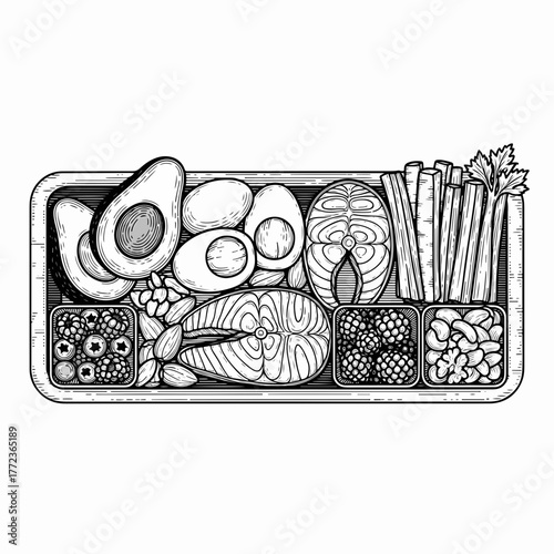 Keto and paleo diet food platter. Hand-drawn line art of salmon, avocado, and nuts in a vintage engraving style. Healthy eating concept