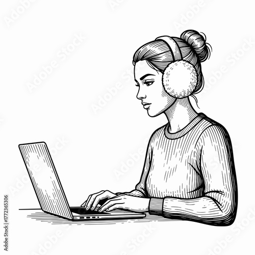 Woman in earmuffs working on a laptop. Hand-drawn line art sketch in an engraving style. Remote work and study concept