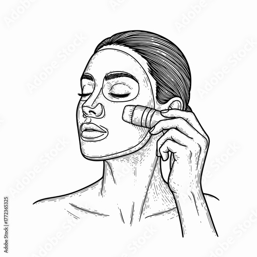 Woman applying a cosmetic face mask with an applicator brush. Hand-drawn line art in a detailed engraving style. Skincare, beauty, and self-care routine concept