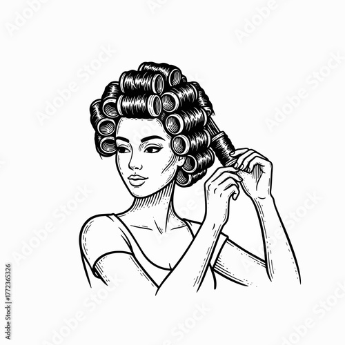 A vintage drawing of a woman styling her hair with rollers. Retro black and white line art. Beauty salon and hairdresser concept graphic isolated on a white background