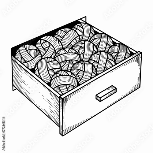 A drawer full of yarn balls in a hand-drawn sketch style. Black and white line art for crafting and knitting concepts. Isolated graphic element