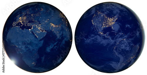 Earth at night isolated in a transparent background. City Lights of Earth. World Map Satellite image. Elements of this image furnished by NASA.