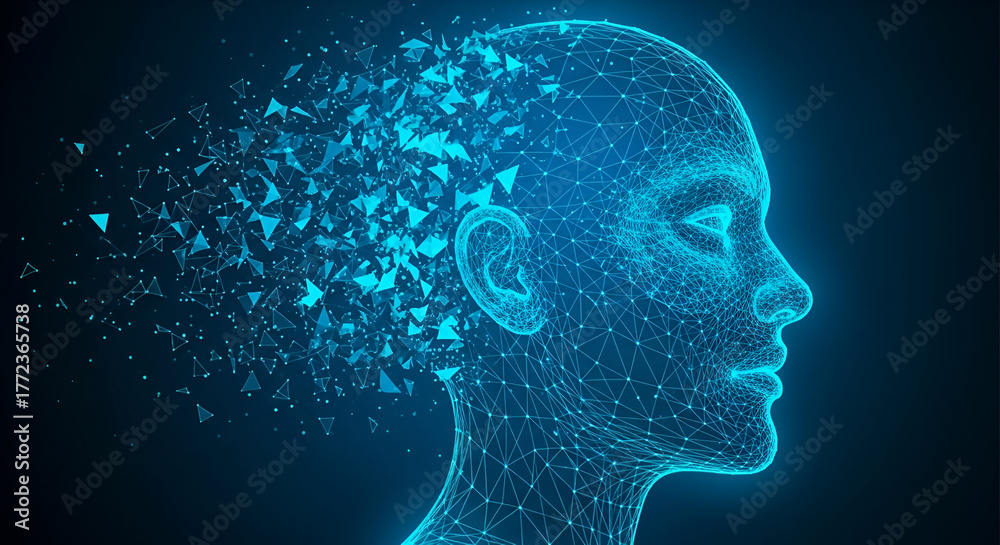 Obraz premium Digital Human Head Dissolving into Particles artificial intelligence