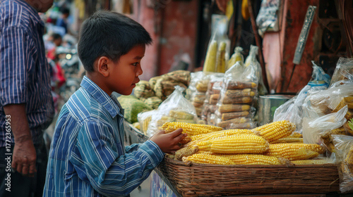 Cambodian boy paying for corn at market, smiling and interacting with vendor, expressing local warmth and everyday humanity concept