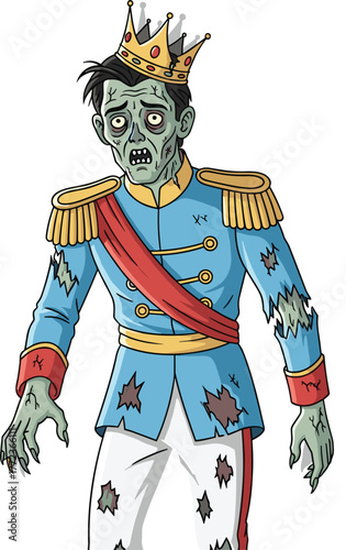 Cartoon zombie king illustration, undead royal character, horror regal outfit, creepy crown figure, decayed military style, eerie monarch art, dark fantasy concept
