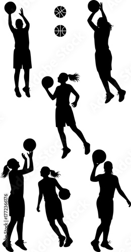 Silhouettes of a women playing basketball. Vector images of female basketball silhouettes. EPS 10 version.