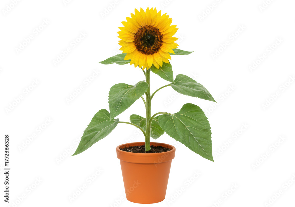 Obraz premium Isolated sunflower in pot, vibrant yellow petals, botanical freshness, natural growth, healthy plant