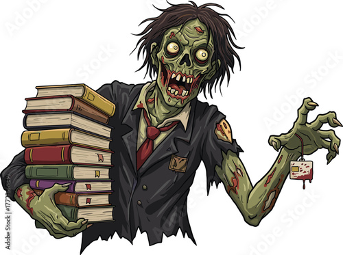 Cartoon zombie scholar holding books, horror education concept, undead academic character with blood card, Halloween vector for stock content