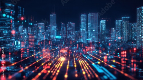 Futuristic Digital Monitor Display Intelligent City Architecture Rendering Illustration Background abstract glowing light.
