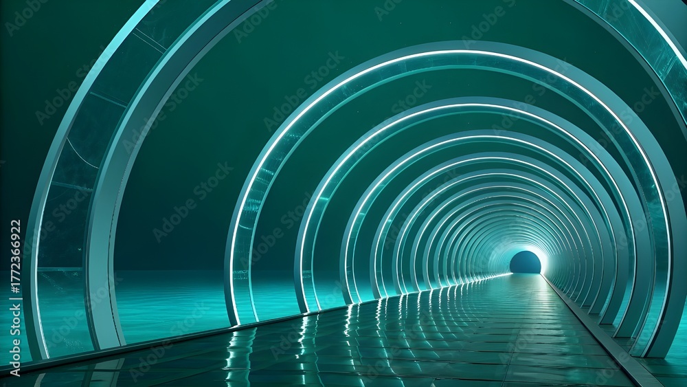 Fototapeta premium Futuristic Teal Glowing Tunnel with Arched Metal Frames and Reflective Floor Leading to Bright Exit