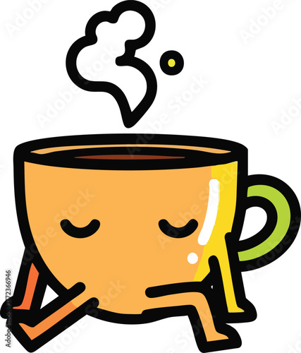 Cute Cartoon Coffee Cup Character With Closed Eyes Sitting Down Feeling Relaxed And Peaceful With Steam Rising From The Hot Beverage In A Simple White Background