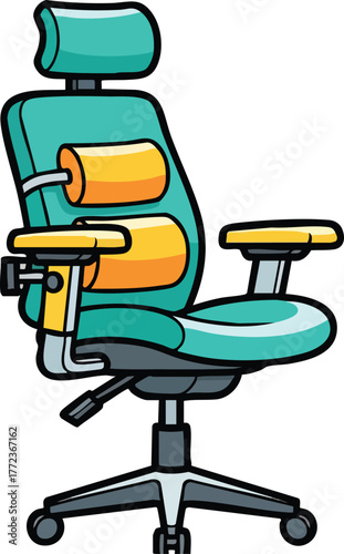 Ergonomic teal office chair with adjustable headrest and armrests featuring yellow accents on a white background