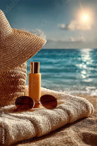 Close up photography of a hat, sunglasses and other beach accessories on a towel on the sand of a beautiful beach.