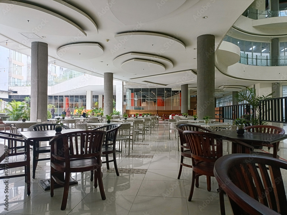 Naklejka premium Interior of Empty Cafe with Tables and Chairs