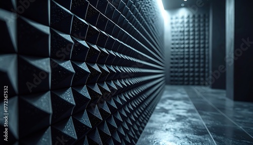 Futuristic soundproof room with pyramid acoustic foam paneling representing innovation, focus, and cutting edge architecture in modern technology design