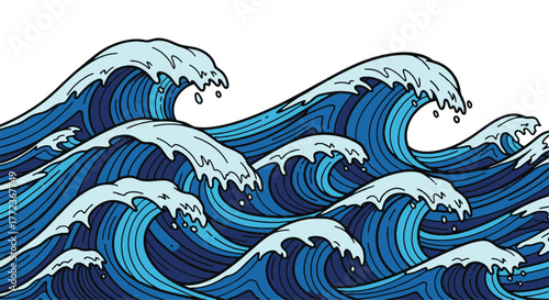 Stylized illustration of powerful blue ocean waves with white sea foam in a traditional Japanese art style