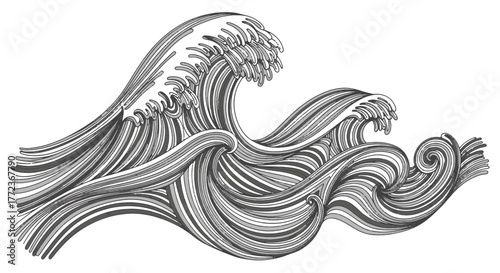 Monochrome linear drawing of surging sea waves, a dynamic and flowing abstract nature concept