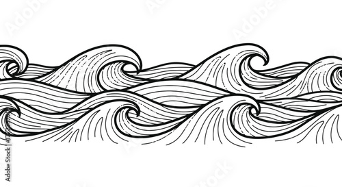 Decorative seamless border of hand-drawn ocean waves in a black and white line art style illustration