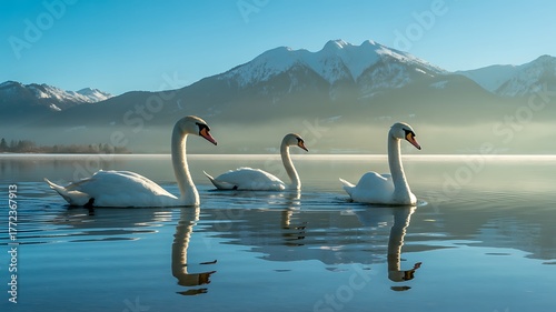 Fototapeta Naklejka Na Ścianę i Meble -  Three majestic white swans glide gracefully across a tranquil mist kissed lake with snow capped mountains in the background under a clear blue sky