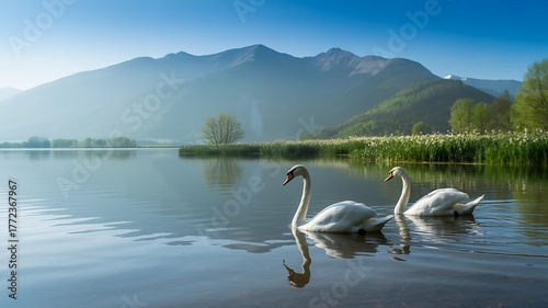 Fototapeta Naklejka Na Ścianę i Meble -  Serene mountain lake reflects majestic peaks under a clear blue sky with two elegant swans gracefully gliding on the calm water