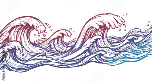 Dynamic Hand-Drawn Ocean Waves Pattern with Gradient Hues, Perfect for Nautical Design Borders and Abstract Water Backgrounds