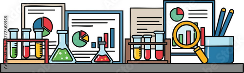 Scientific Research Laboratory With Test Tubes Beakers And Data Charts On Shelf