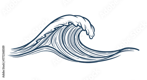 Dynamic hand-drawn ocean wave, powerful crest, fluid motion, symbolizing marine energy and serene beauty