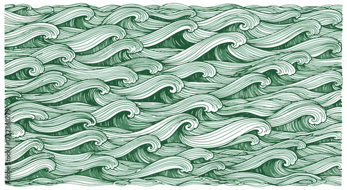 Dynamic green ocean waves forming an intricate, abstract pattern, evoking tranquility and the powerful serenity of the sea