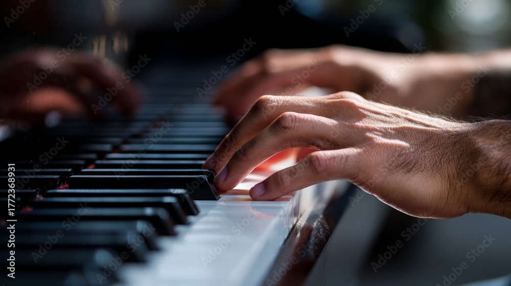 Obraz premium Close-up of hands playing a piano with emphasis on the artistry and skill of finger placement on the keys