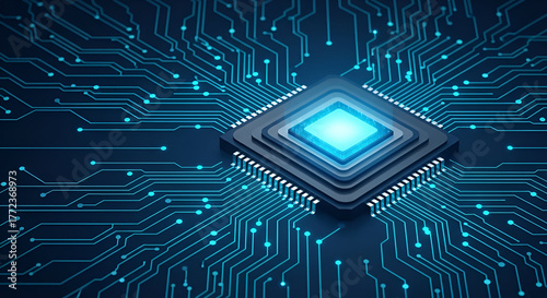 Glowing Blue Microchip on Circuit Board Background