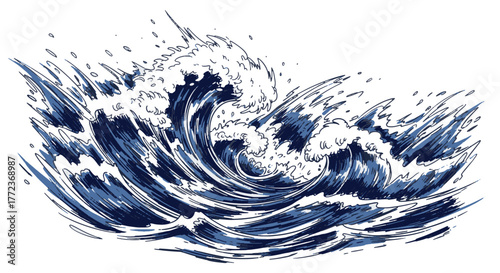 Dynamic hand-drawn illustration of powerful ocean waves, cresting and crashing with foam, conveying natural force and movement, perfect for design elements and impactful visuals