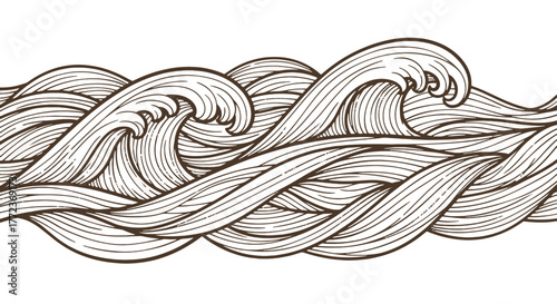 Tableau sur toile Seamless pattern of dynamic ocean waves, intricately drawn in a vintage linear e