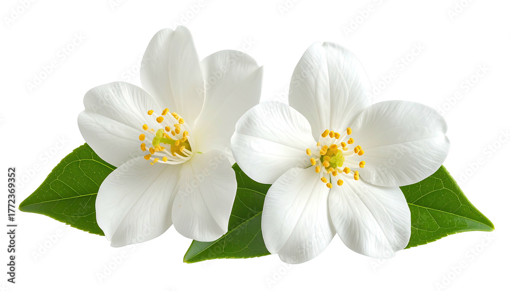 Obraz premium Two white flowers bloom with green leaves, isolated object