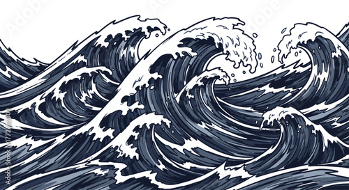 Artistic graphic rendering of numerous intense ocean swells, showcasing the raw power and movement of the sea