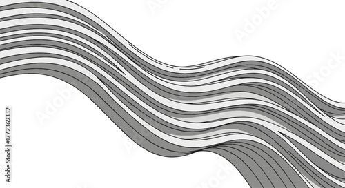 Abstract flowing wave design with graceful gray and white stripes, a modern and dynamic digital pattern