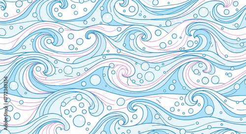 Calming marine motif with artistic blue waves, subtle pink outlines, and effervescent bubbles, forming an elegant and tranquil seamless design for various creative projects