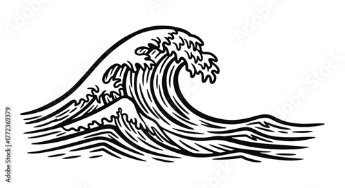 Powerful and dynamic ocean wave illustration in a classic black and white artistic style, symbolizing natural strength