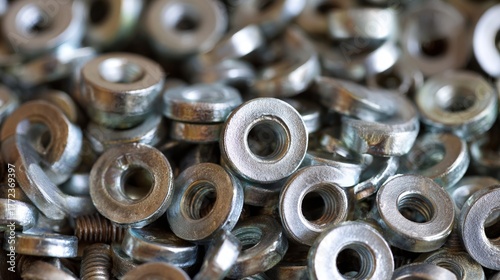 Close-up view of numerous shiny metal washers arranged in a pile for industrial use