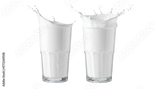 Twin glasses of milk erupt in pristine, white splashes