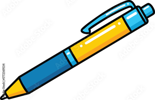 Yellow And Blue Pixel Art Ballpoint Pen With Silver Clip And White Background