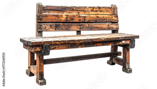 Weathered, rustic wooden park bench isolated on black