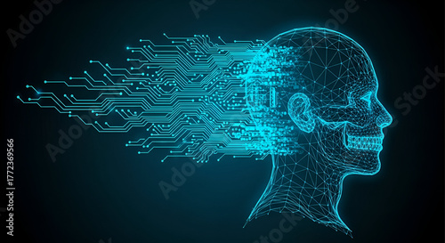 Digital Brain with Circuitry Flowing from Head artificial intelligence