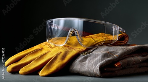 Protective safety glasses resting on top of a pair of yellow work gloves and folded gray workwear